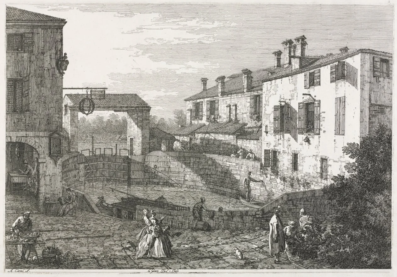 Views:  The Canal Lock at Dolo, by Canaletto, 1740