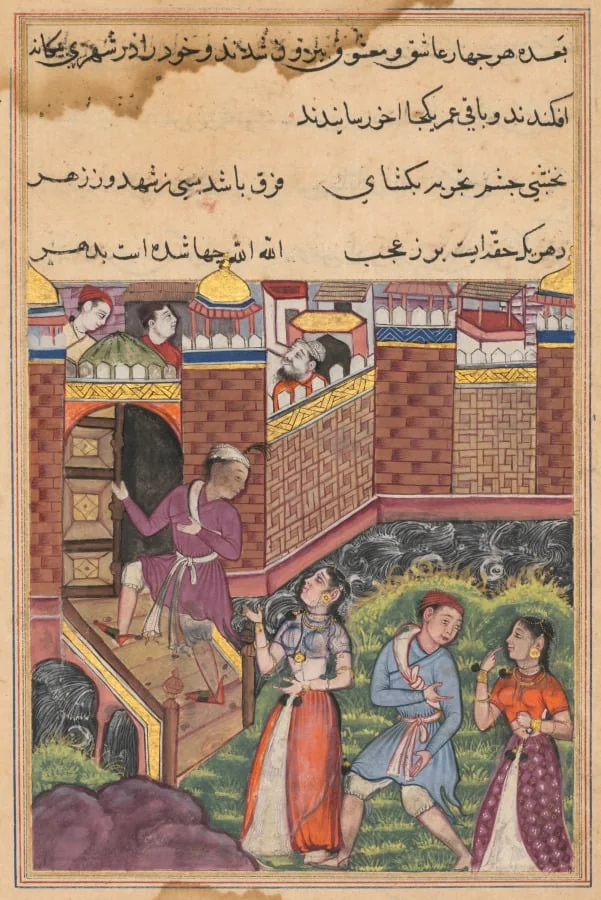 The two couples reach a foreign city where they make their home, from a Tuti-nama (Tales of a Parrot): Thirty-third Night, by Unknown, unspecified, 1560