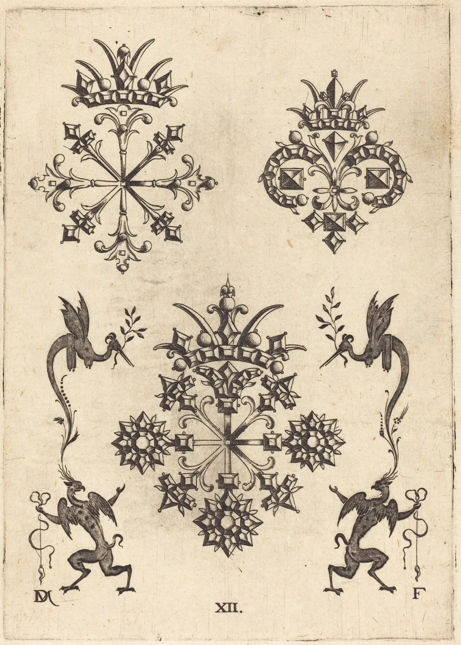 Three Brooches with Winged Snakes at Left  and Right and Winged Griffins at Bottom, by Daniel Mignot, ink, 1596