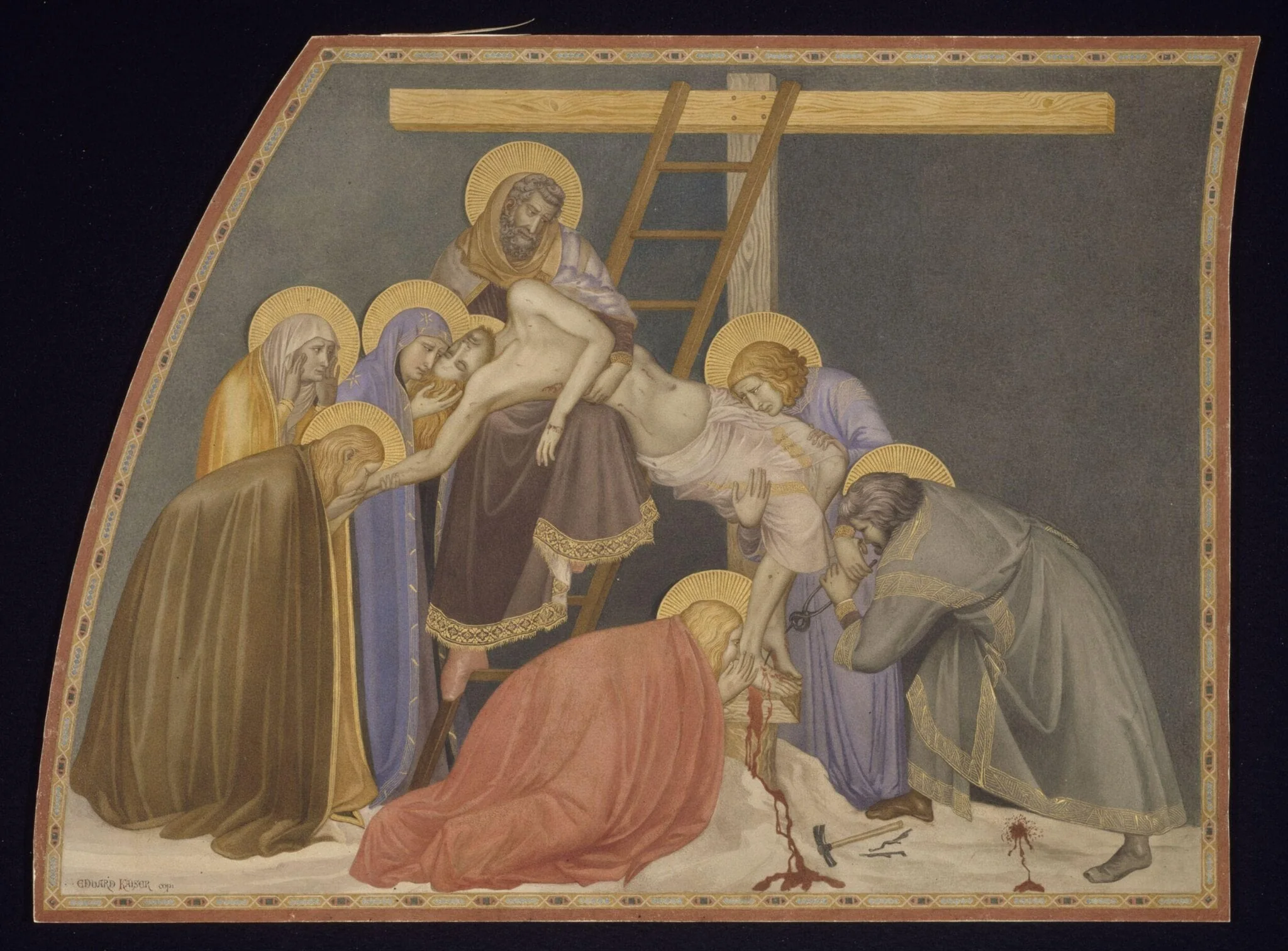 Copy after the painting Deposition from the Cross by P Lorenzetti in the Lower Church, San Francesco, Assisi, by Edward Kaiser, watercolor, 1874