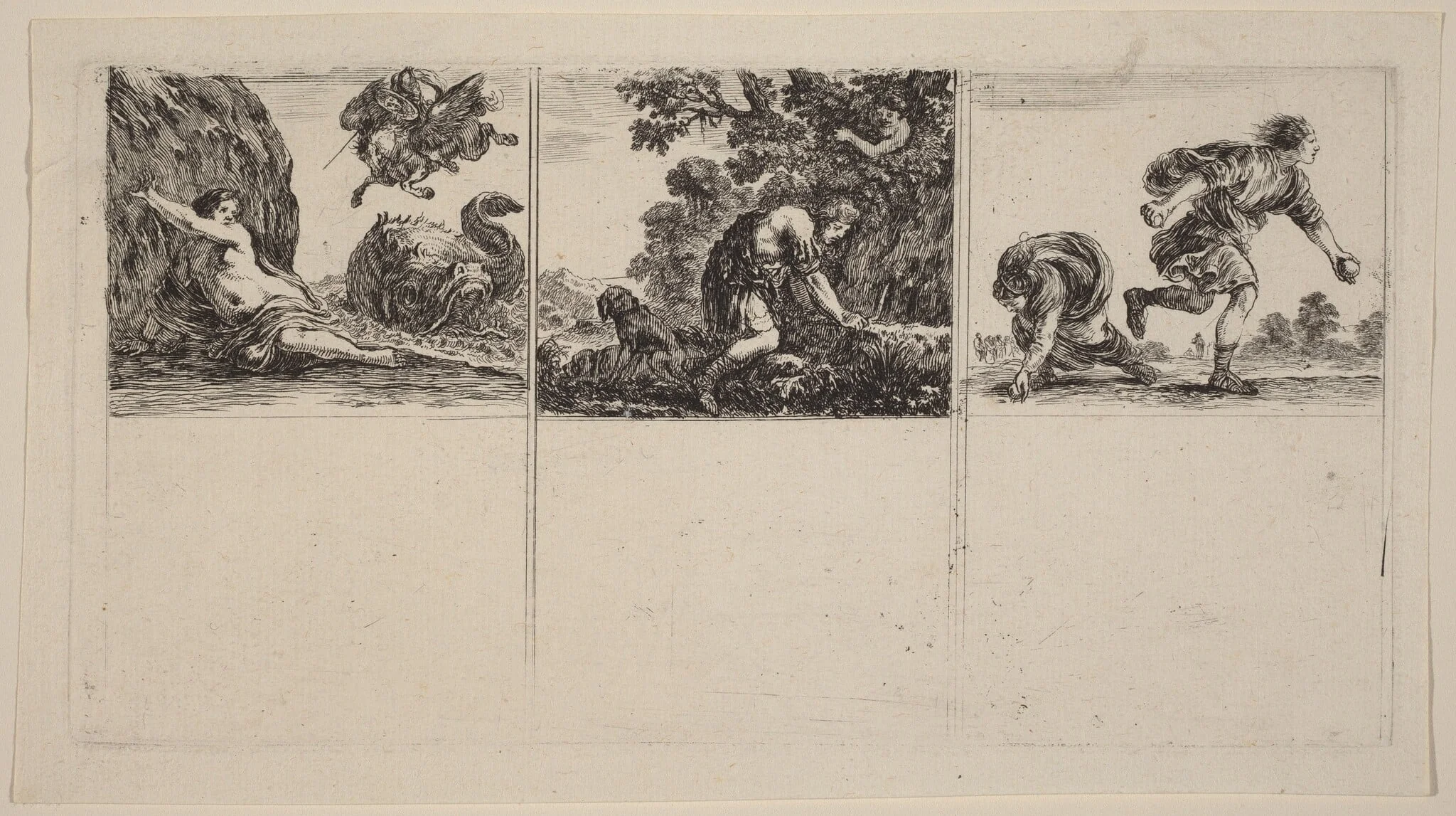 Perseus and Andromeda; Cephalus and Procris; Hippomene and Atalantus, by Stefano Della Bella, ink, 1644