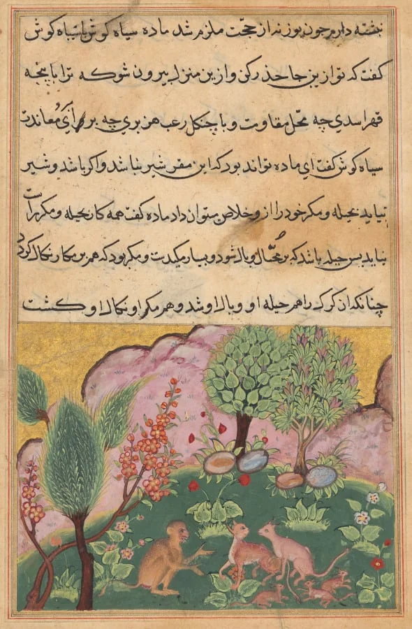 The monkey, serving as the lion’s chamberlain, converses with the lynx and its mate who have arrived with their cubs to settle in the lion’s domain, from a Tuti-nama (Tales of a Parrot): Twenty-ninth Night, by Unknown, unspecified, 1560