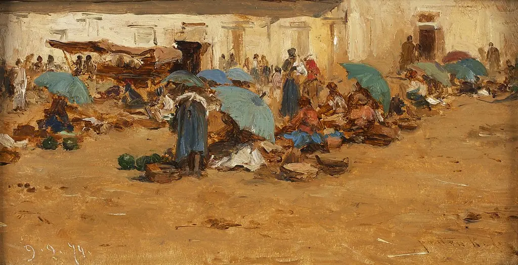 Hungarian market with blue umbrellas