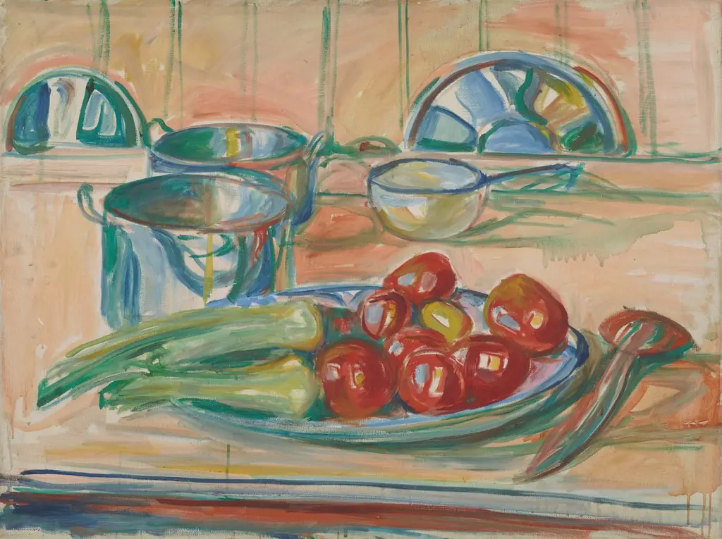 Still Life with Tomatoes, Leek and Casseroles