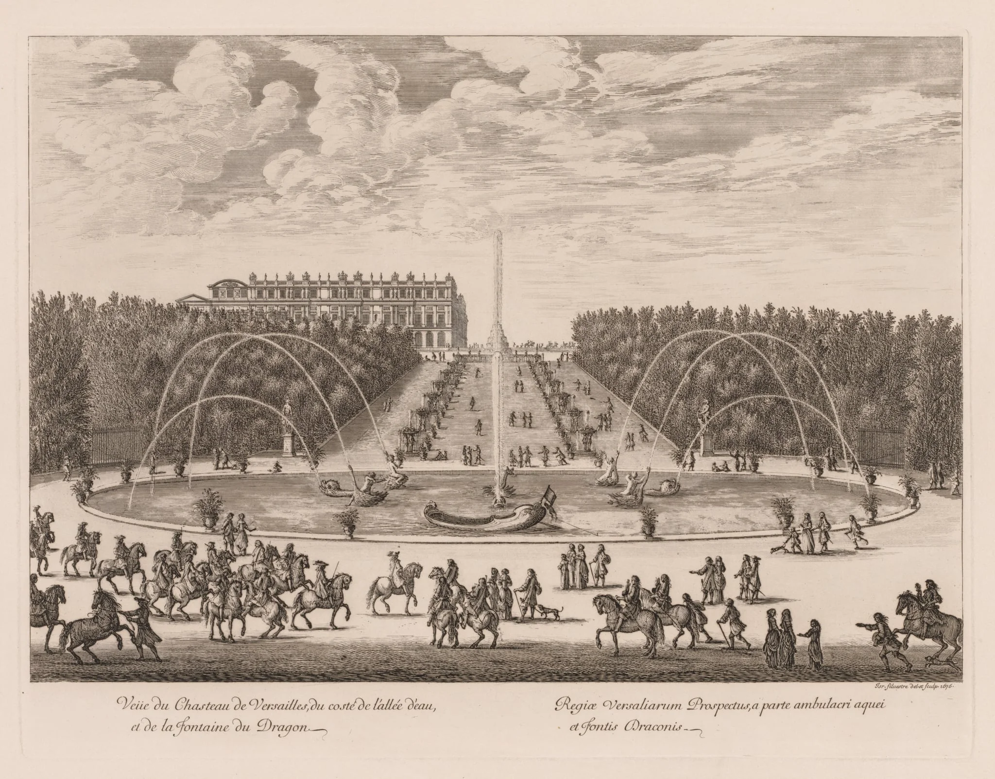 Vue du Château de Versailles, du côté de l'allée et de la fontaine du Dragon, by Israël Silvestre, 1676