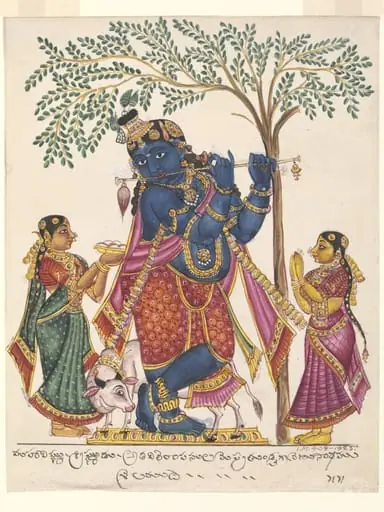 Krishna in his form as Venu-Gopala, fluting beneath the kadam tree