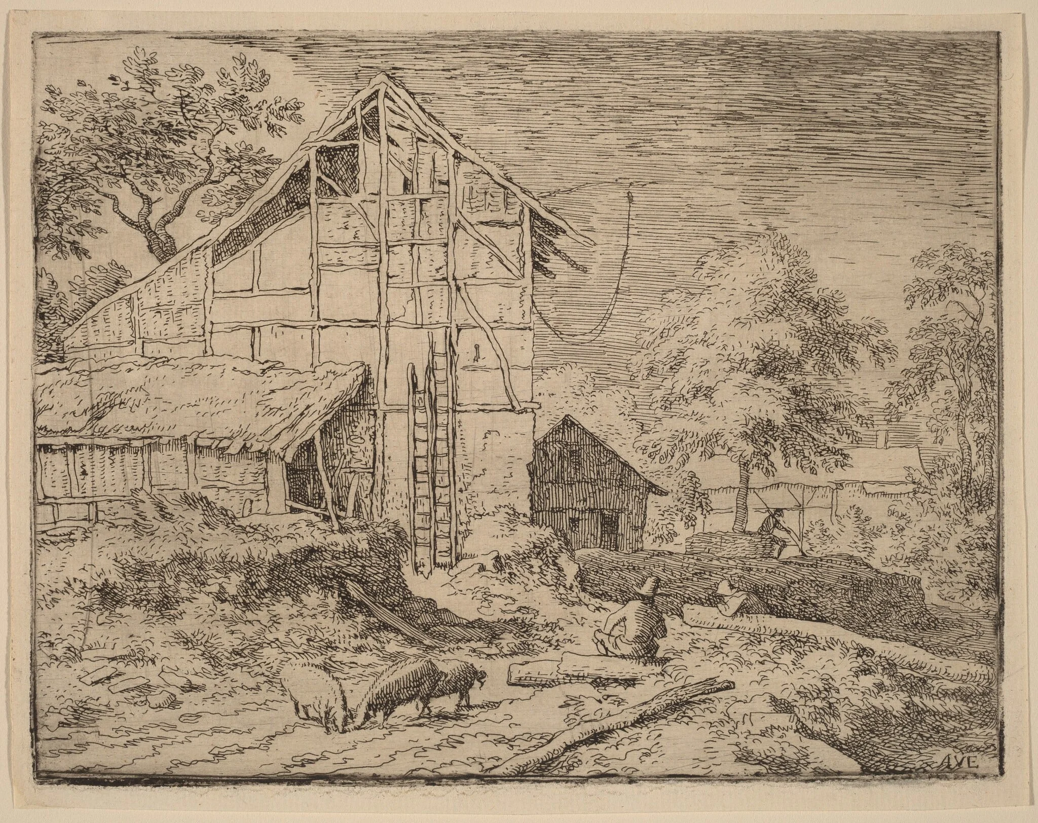 Cottage with Two Ladders, by Allart van Everdingen, ink, 1650