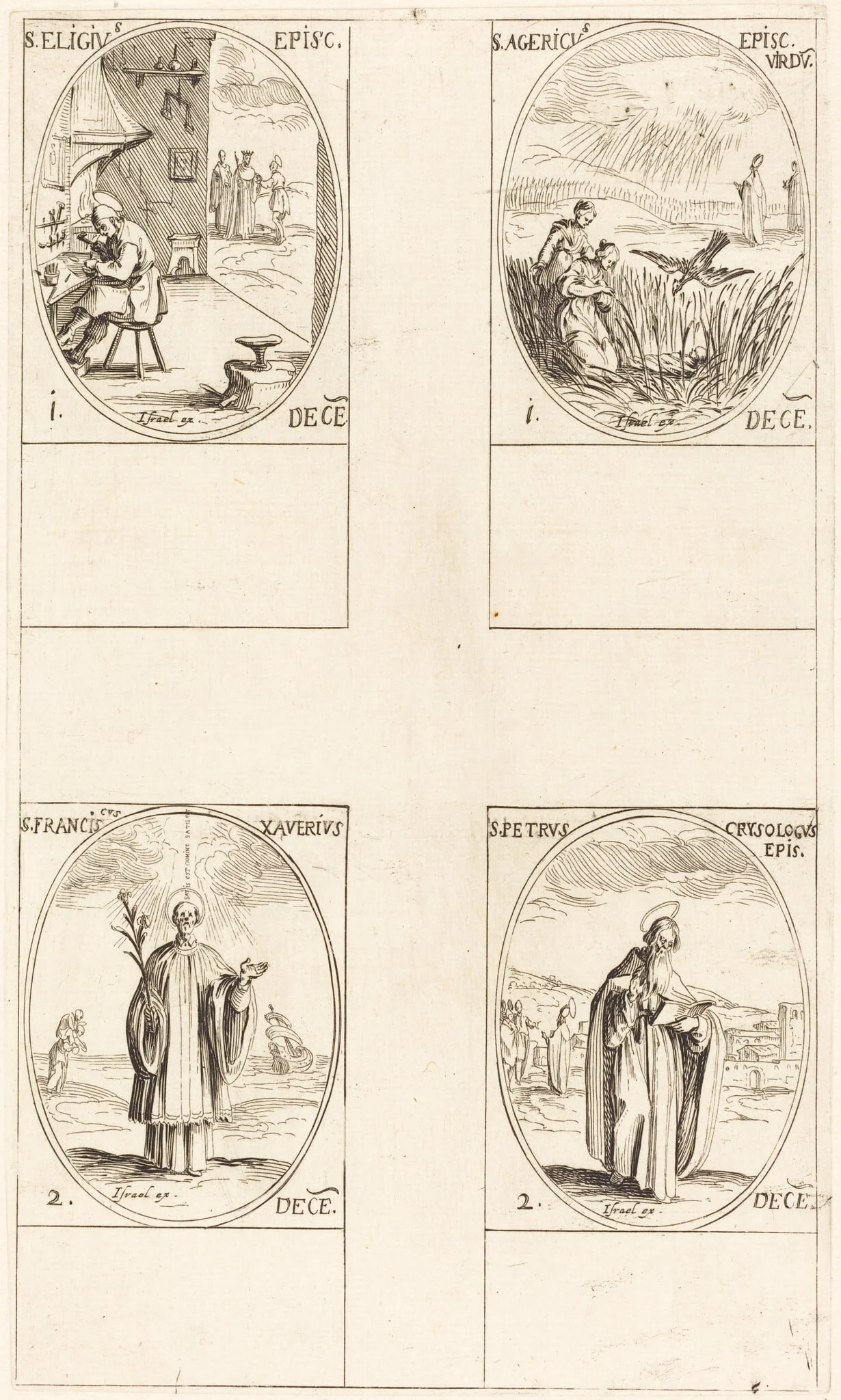 St. Eligius; St. Agericus; St. Francis Xavier; St. Peter Chrysologus, by Jacques Callot, ink, 1634