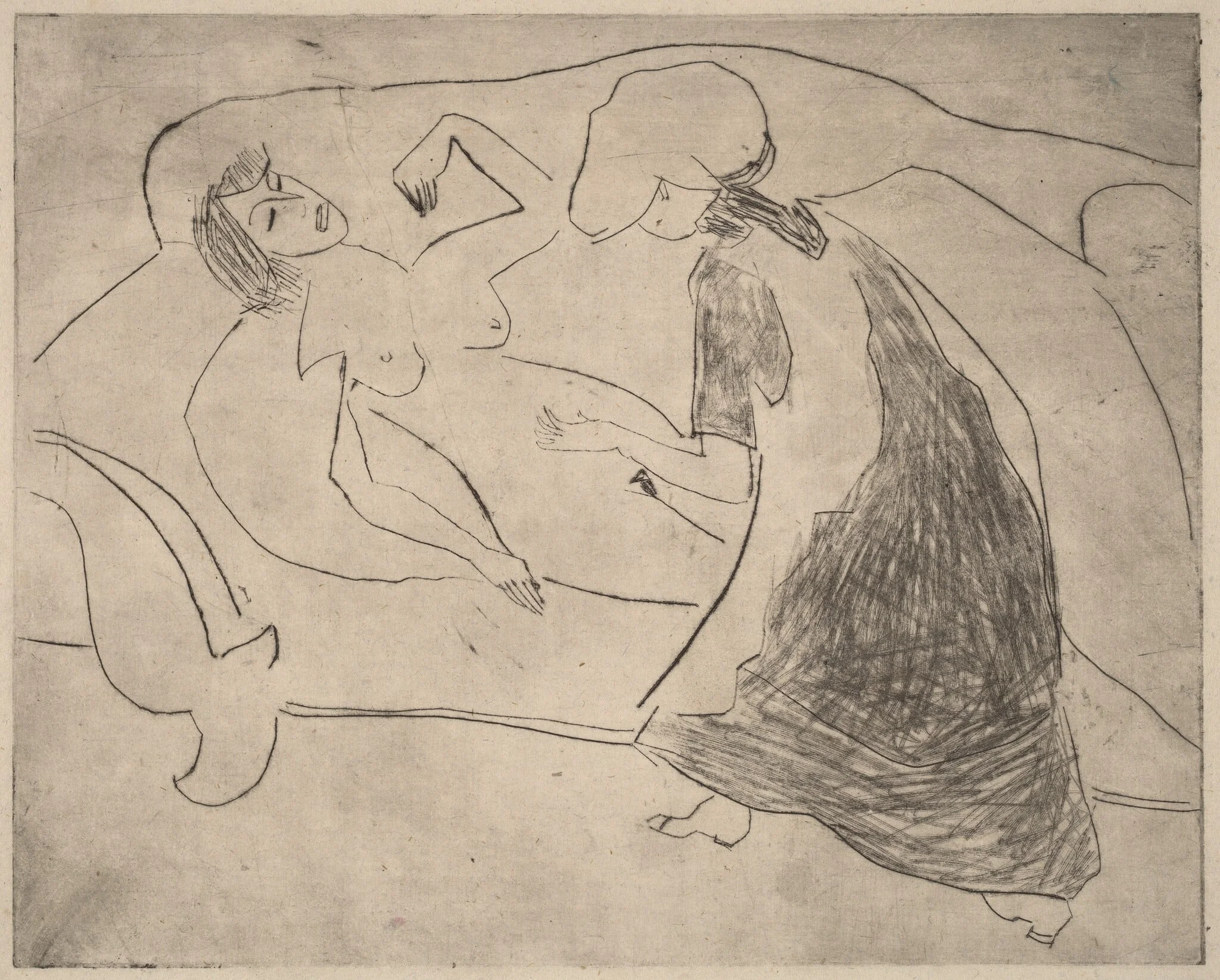 Girl, with Another Rubbing Her Belly, by Ernst Ludwig Kirchner, ink, 1910