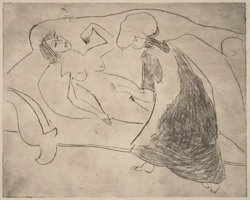 Girl, with Another Rubbing Her Belly