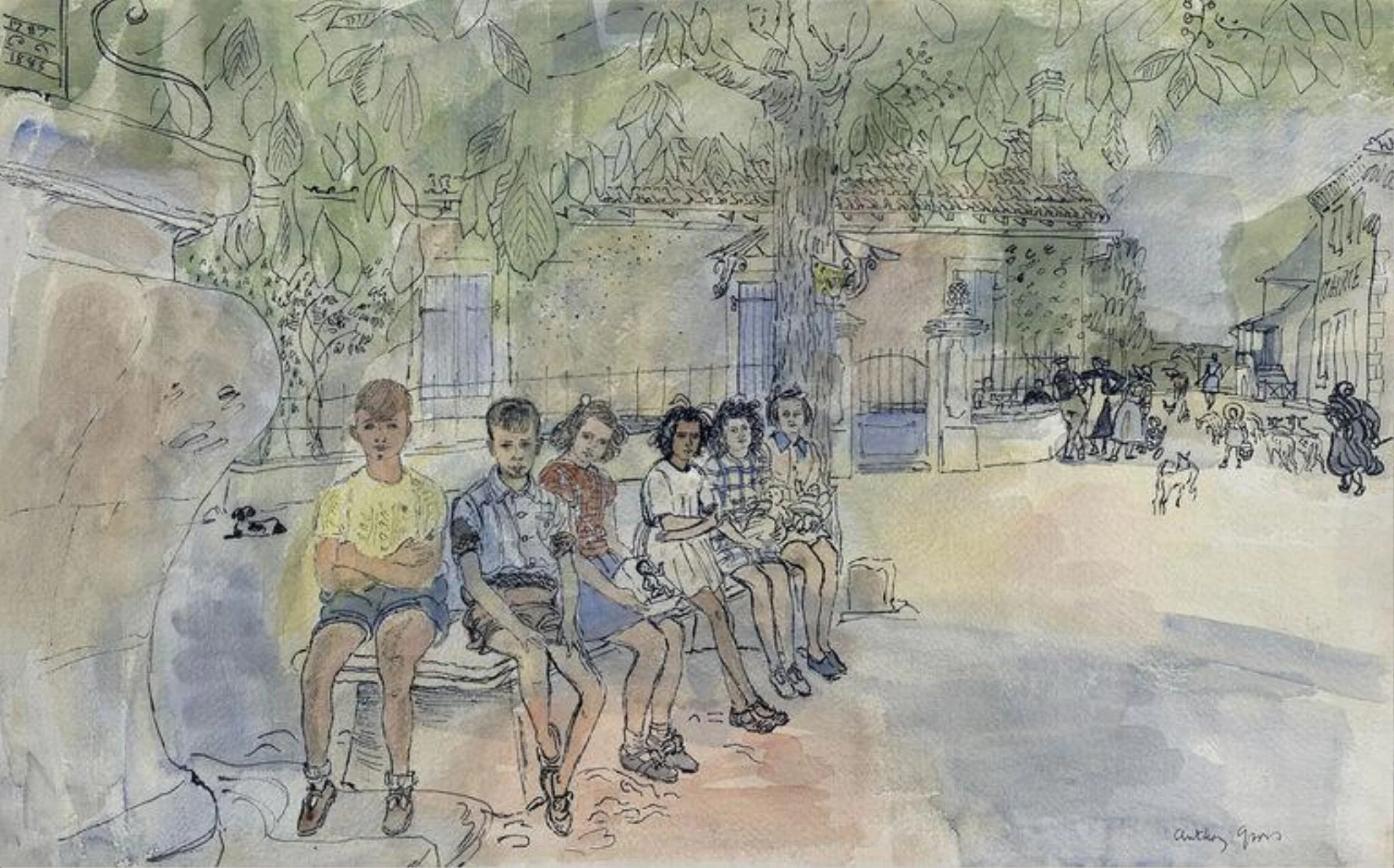 Village Children, Mongesty, by Anthony Gross, watercolor, 1950