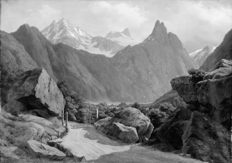 Parti af Romsdalen med Romsdals Horn og Vikingetinderne i Norge, by August Wilhelm Boesen, oil, 1844
