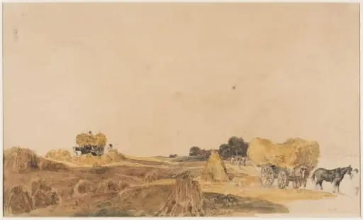 Cornfield with loaded wagons, near Lincoln