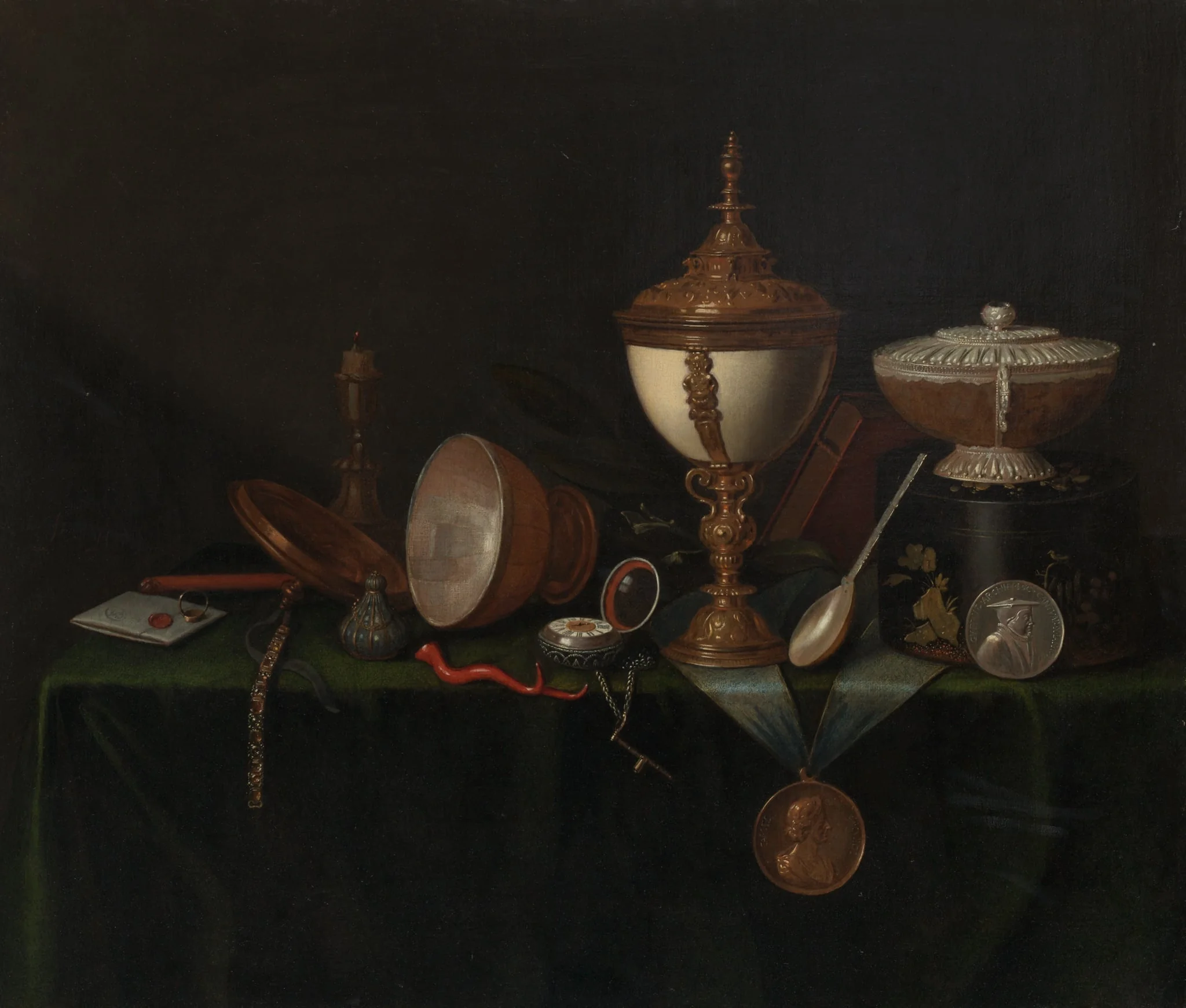 Still Life with Ostrich Egg Cup and the Whitfield Heirlooms, by Pieter Gerritsz van Roestraten, oil, 1670