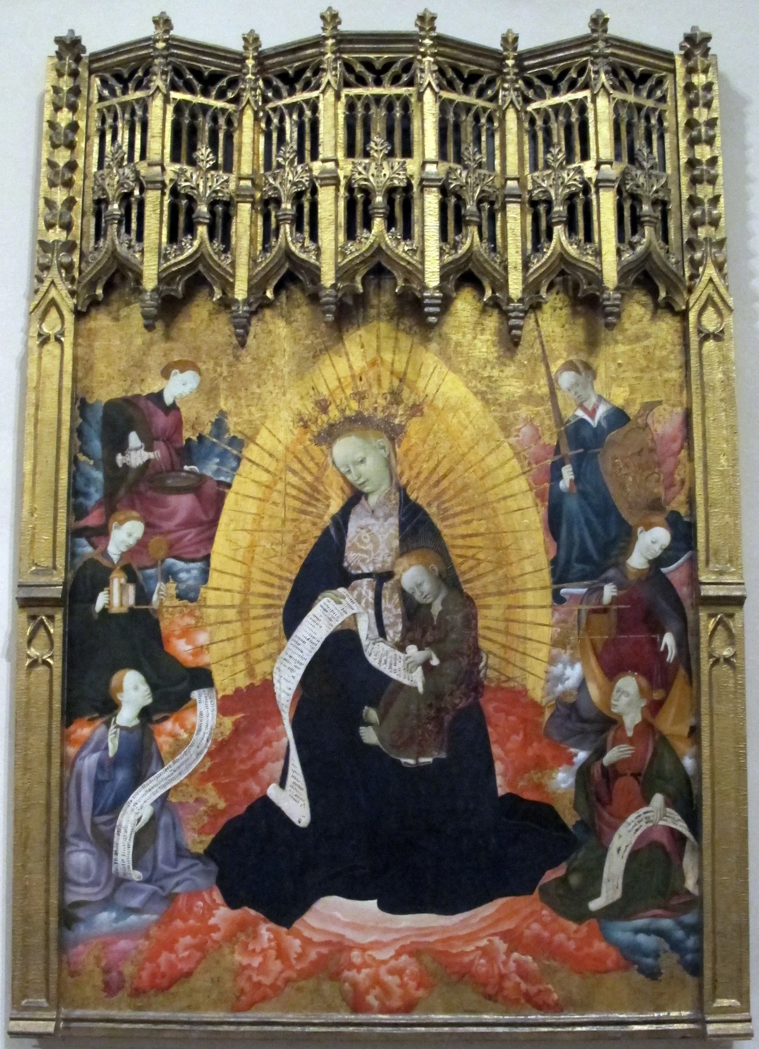 Enthroned Virgin and Child, with the Cardinal Virtues and Two Figures Holding Scrolls, by Bernat Martorell, unspecified, 1496