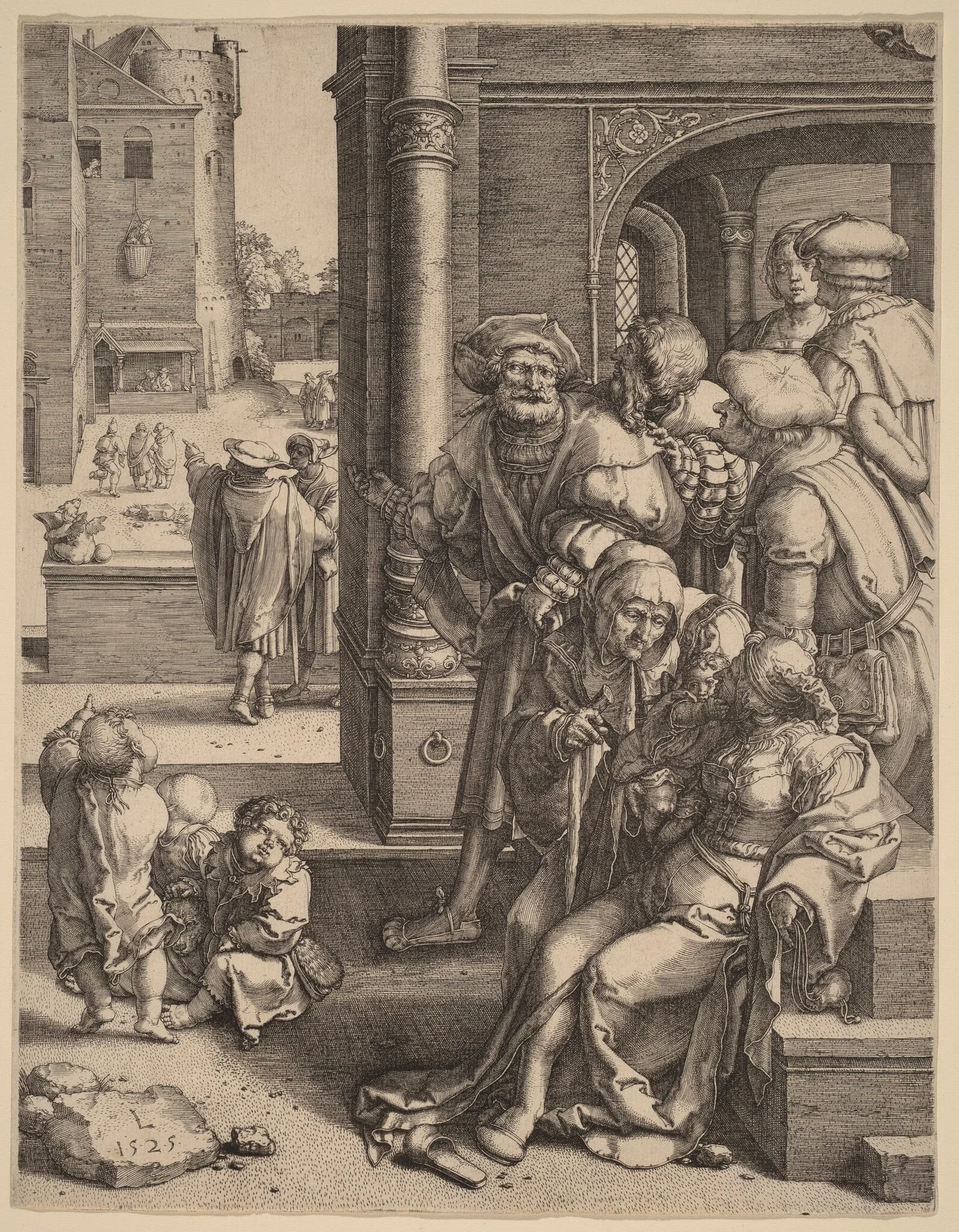 The Poet Virgil Suspended in a Basket, by Lucas van Leyden, ink, 1525