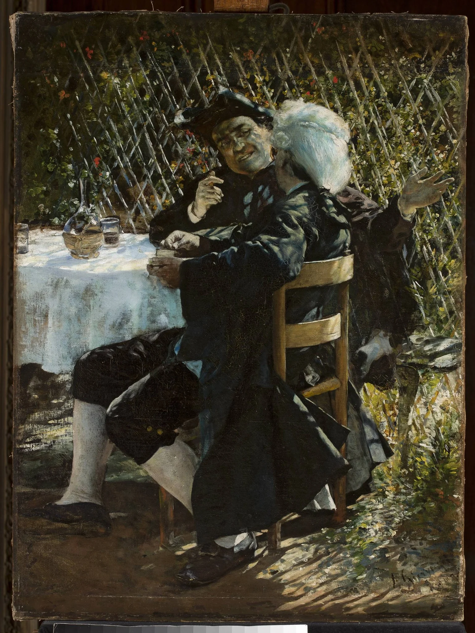 Priest in conversation with a man in a frock coat
