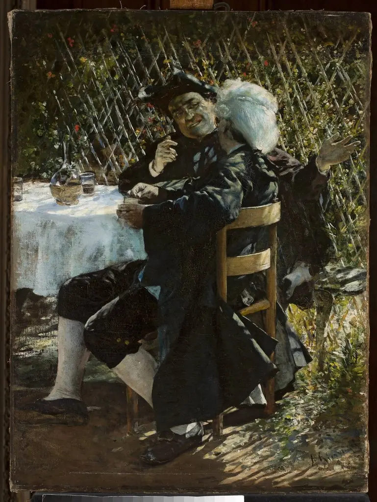 Priest in conversation with a man in a frock coat