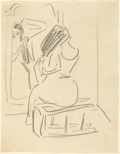 A Woman Combing Her Hair in Front of a Mirror