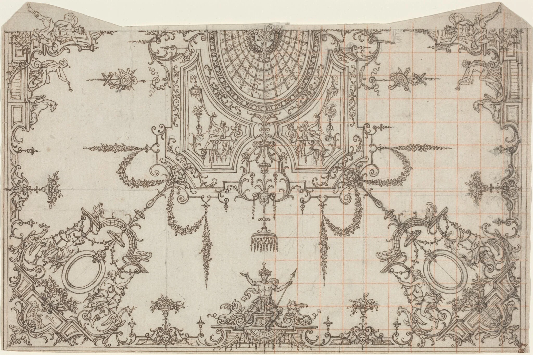 An Elaborate Ceiling with Trellises and Seated Figures
