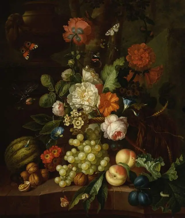 Basket of flowers with fruit