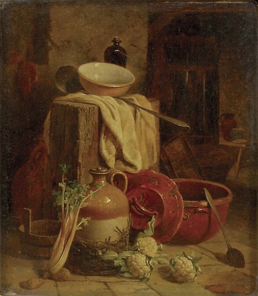 Still Life of Kitchen Utensils and Vegetables, by William Hughes, oil, 1868