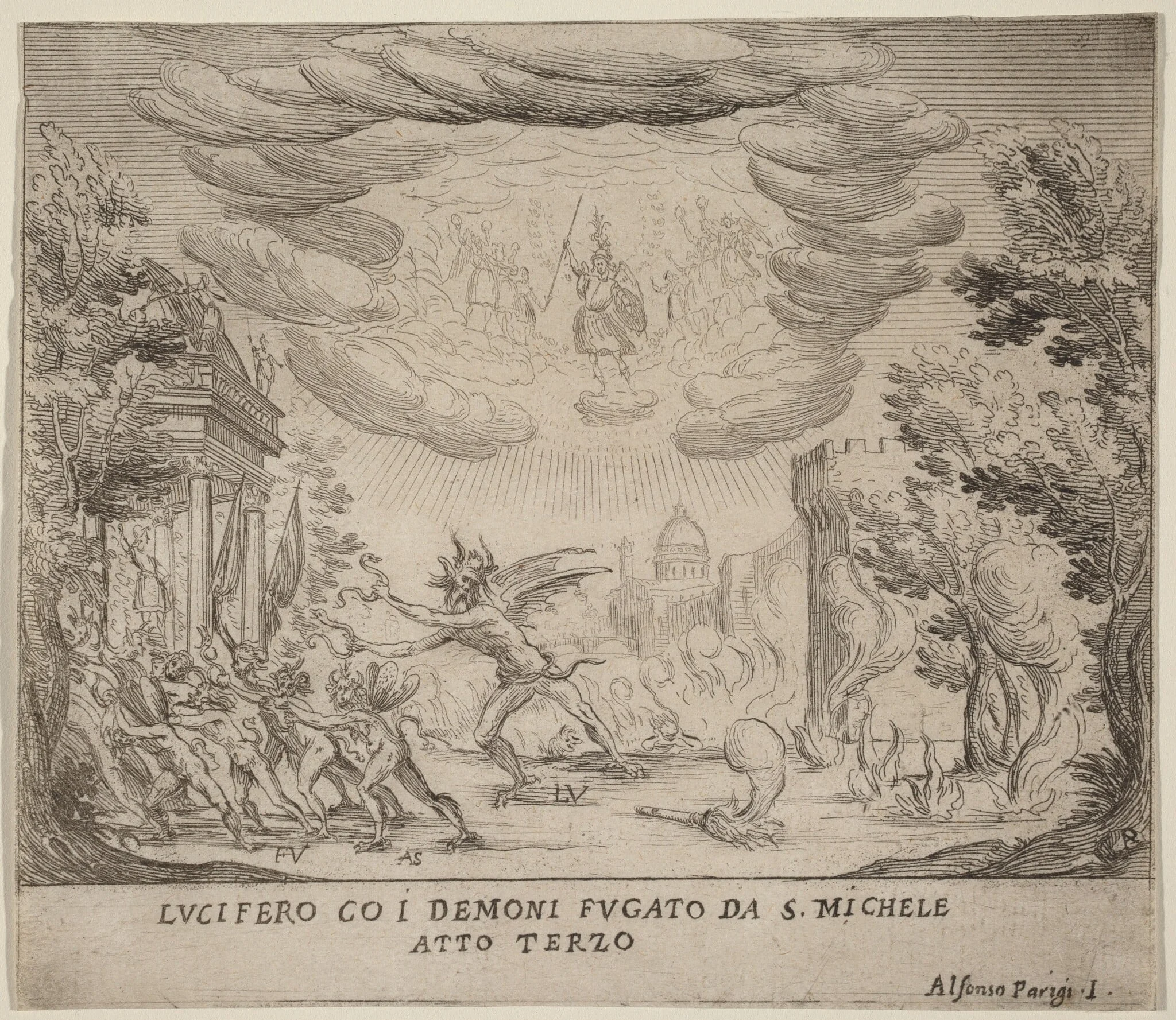 Lucifer and Demons Fleeing Saint Michael, by Alfonso Parigi II, ink, 1631