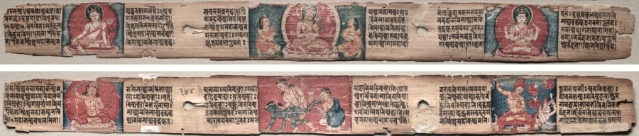 Folio 348 from a Gandavyuha-sutra (Scripture of the Supreme Array): Bodhisattva Manjushri with two forms of Avalokiteshvara (recto); Bodhisattva Samantabhadra purifies the path to enlightenment, with Manjushri (verso), by Unknown, unspecified, 1104