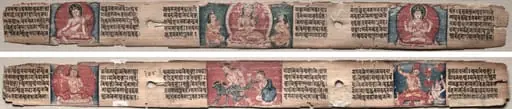Folio 348 from a Gandavyuha-sutra (Scripture of the Supreme Array): Bodhisattva Manjushri with two forms of Avalokiteshvara (recto); Bodhisattva Samantabhadra purifies the path to enlightenment, with Manjushri (verso)