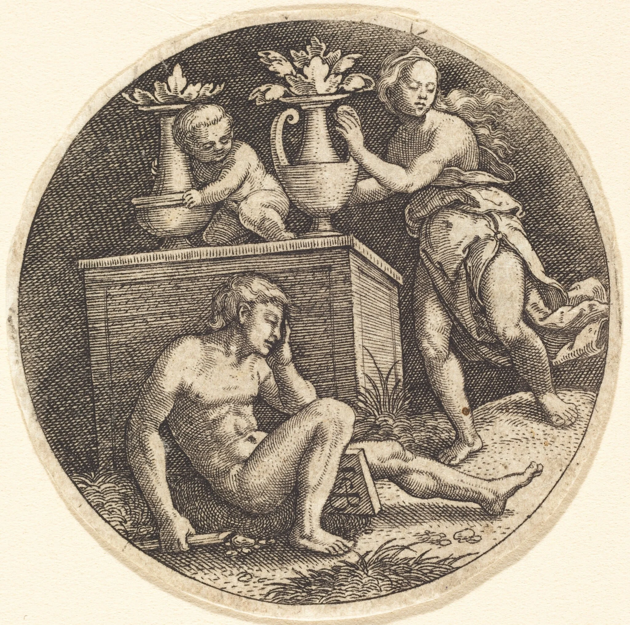 Youth Sleeping before an Altar, by Jakob Binck, ink, 1534