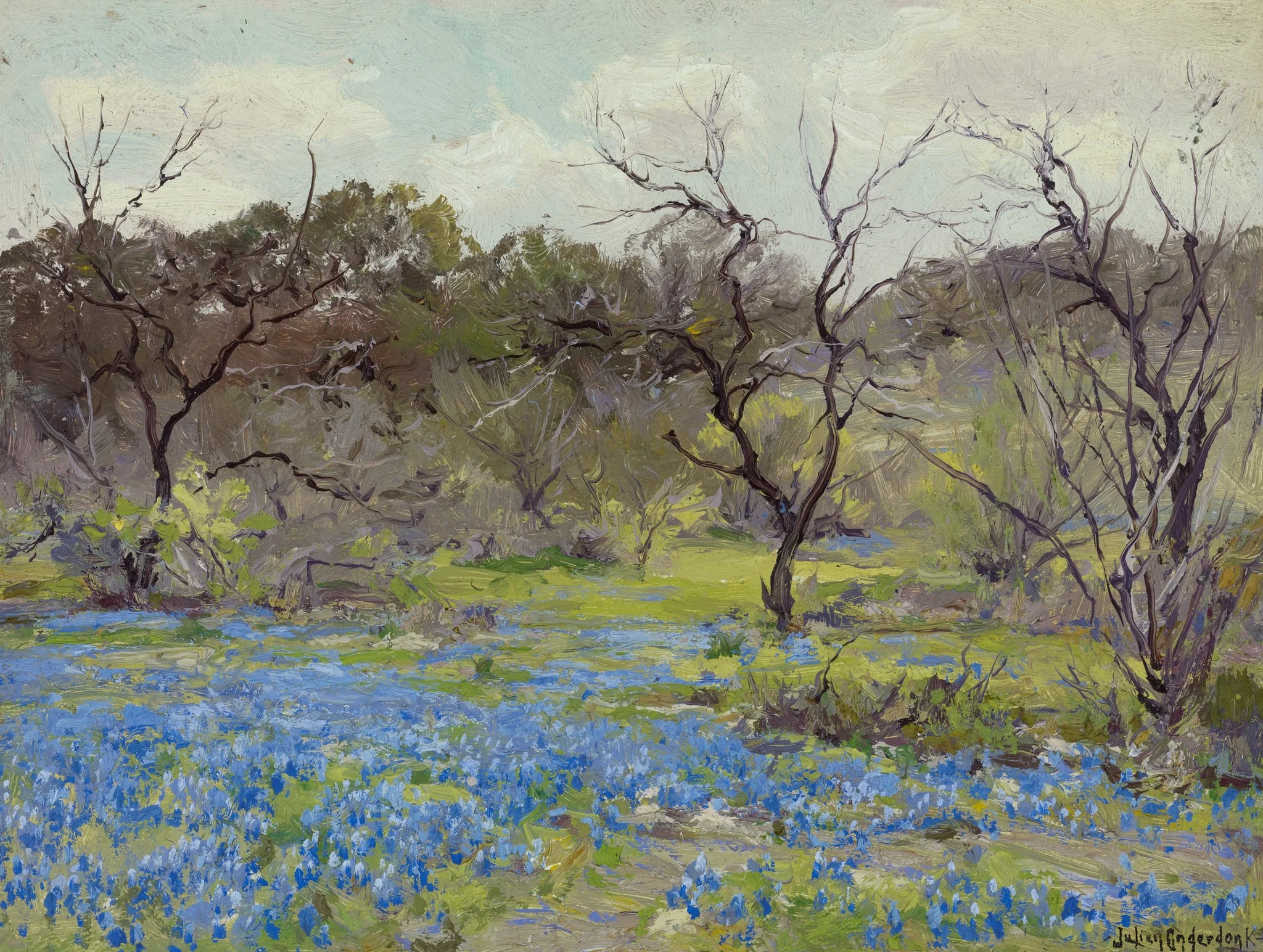 Early Spring—Bluebonnets and Mesquite, by Julian Onderdonk, oil, 1919