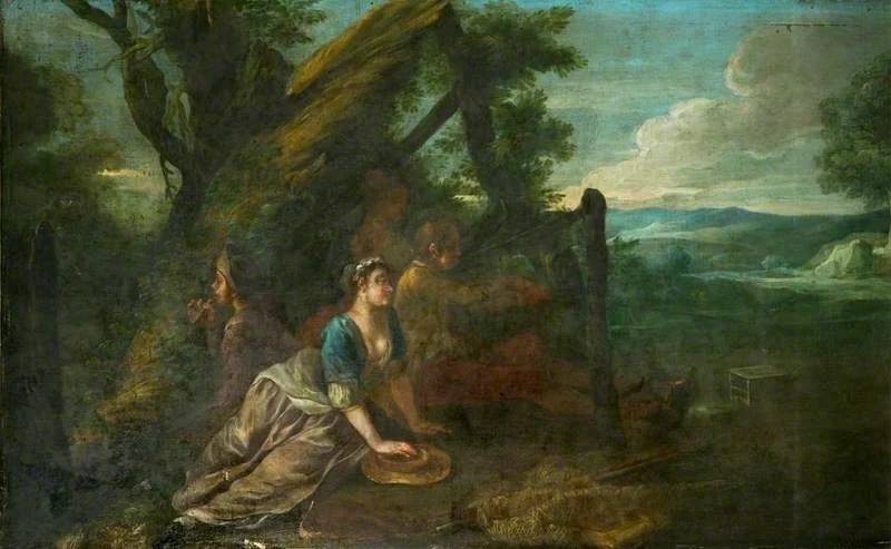 Bird-Catching by a Decoy with a Whistle and a Net (decorative painting for a supper-box at Vauxhall Gardens, London), by Francis Hayman, oil, 1741