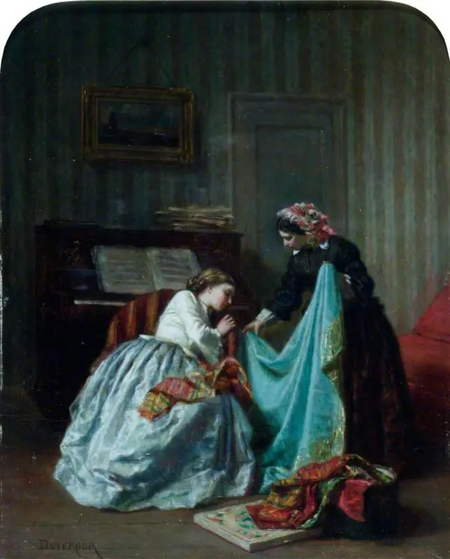 Interior with Two Women Examining Cloth