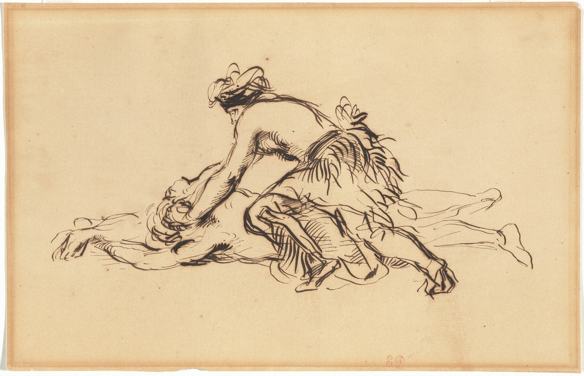 A False Scalping Performed by Iowa Tribe Members in Paris, by Eugène Delacroix, ink, 1845