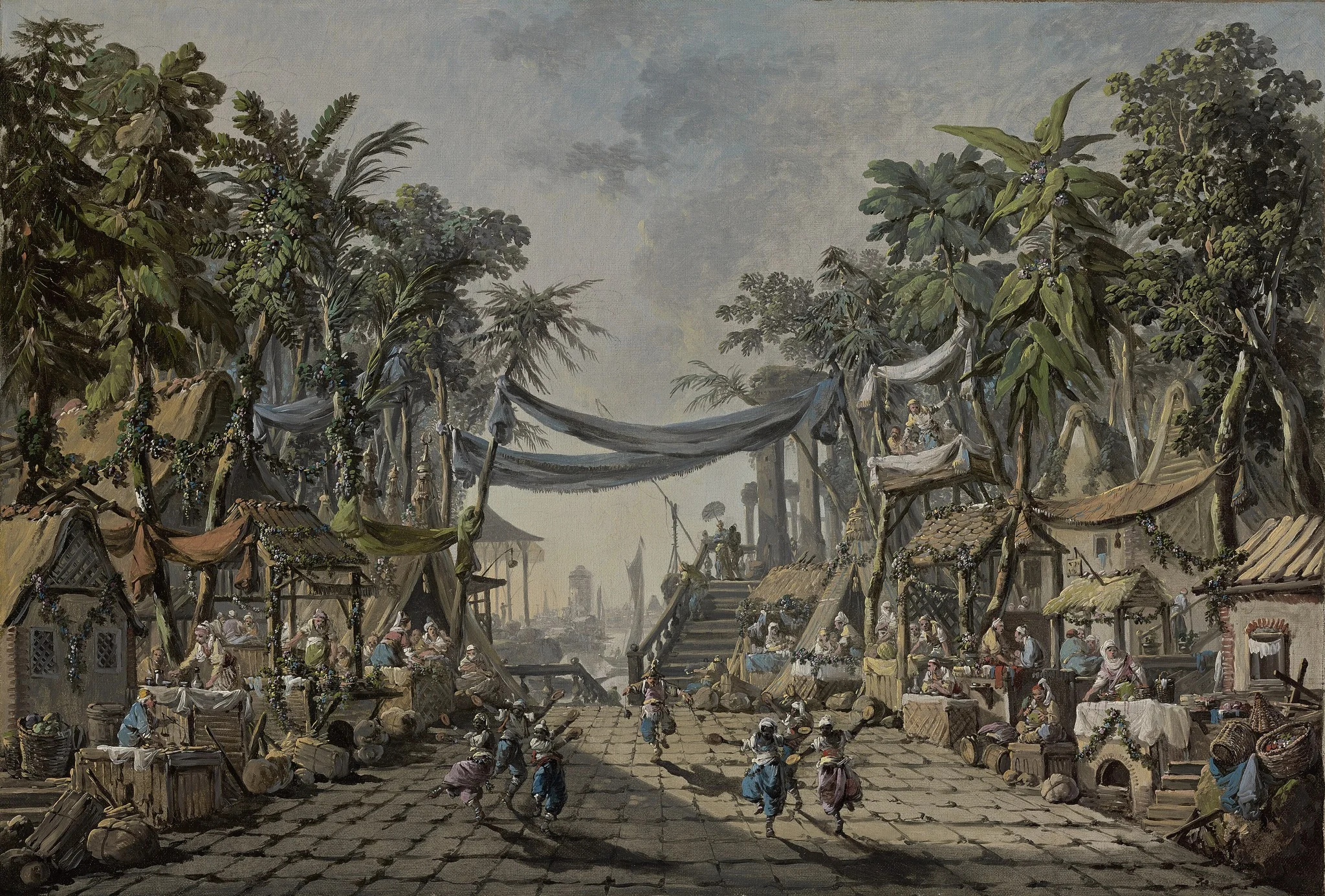 Market Scene in an Imaginary Oriental Port, by Jean Pillement, oil, 1764
