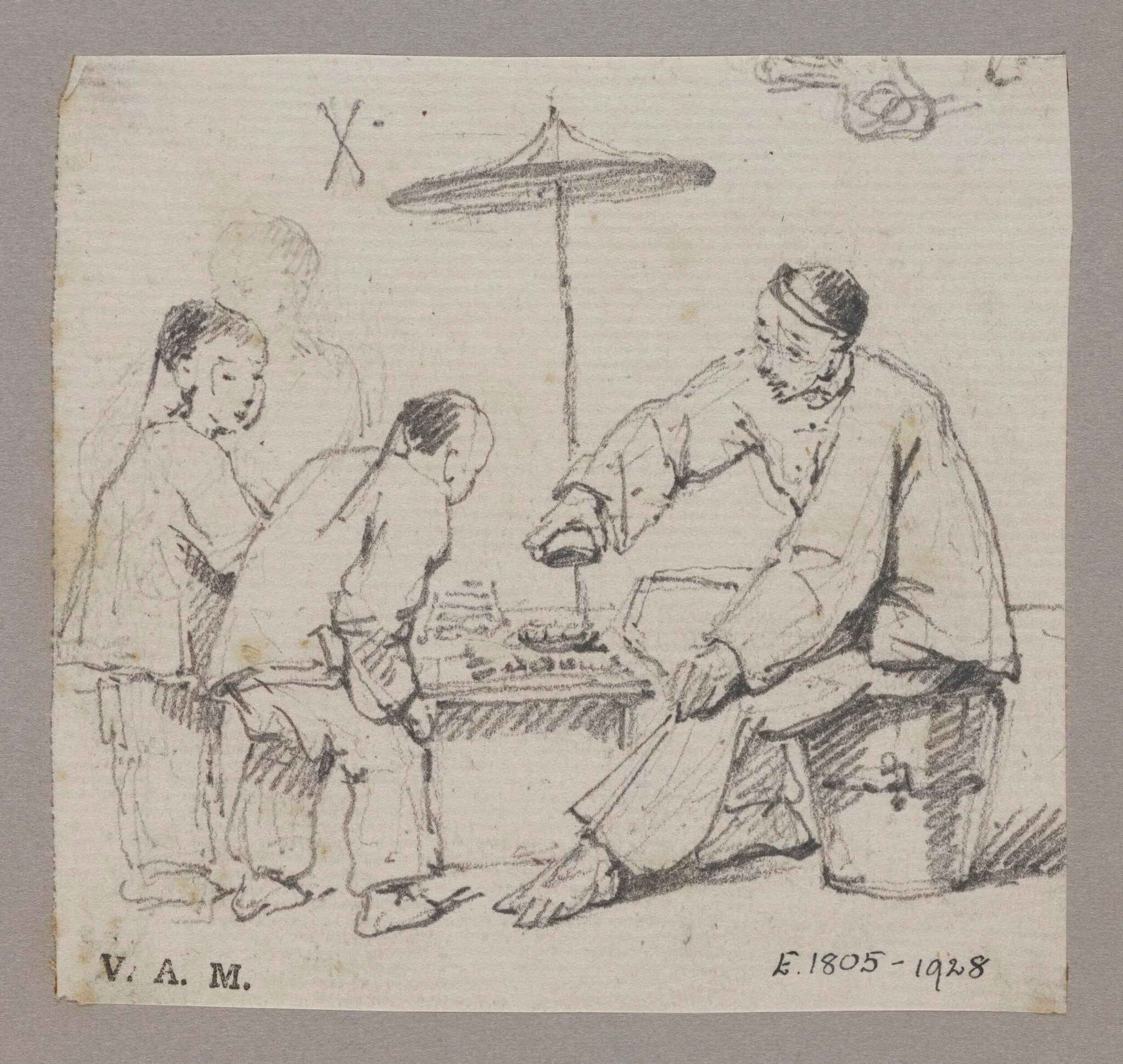 A Chinese man seated at a table, watched by two children, by George Chinnery, 1850