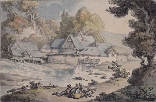 River Scene with Figures and Buildings