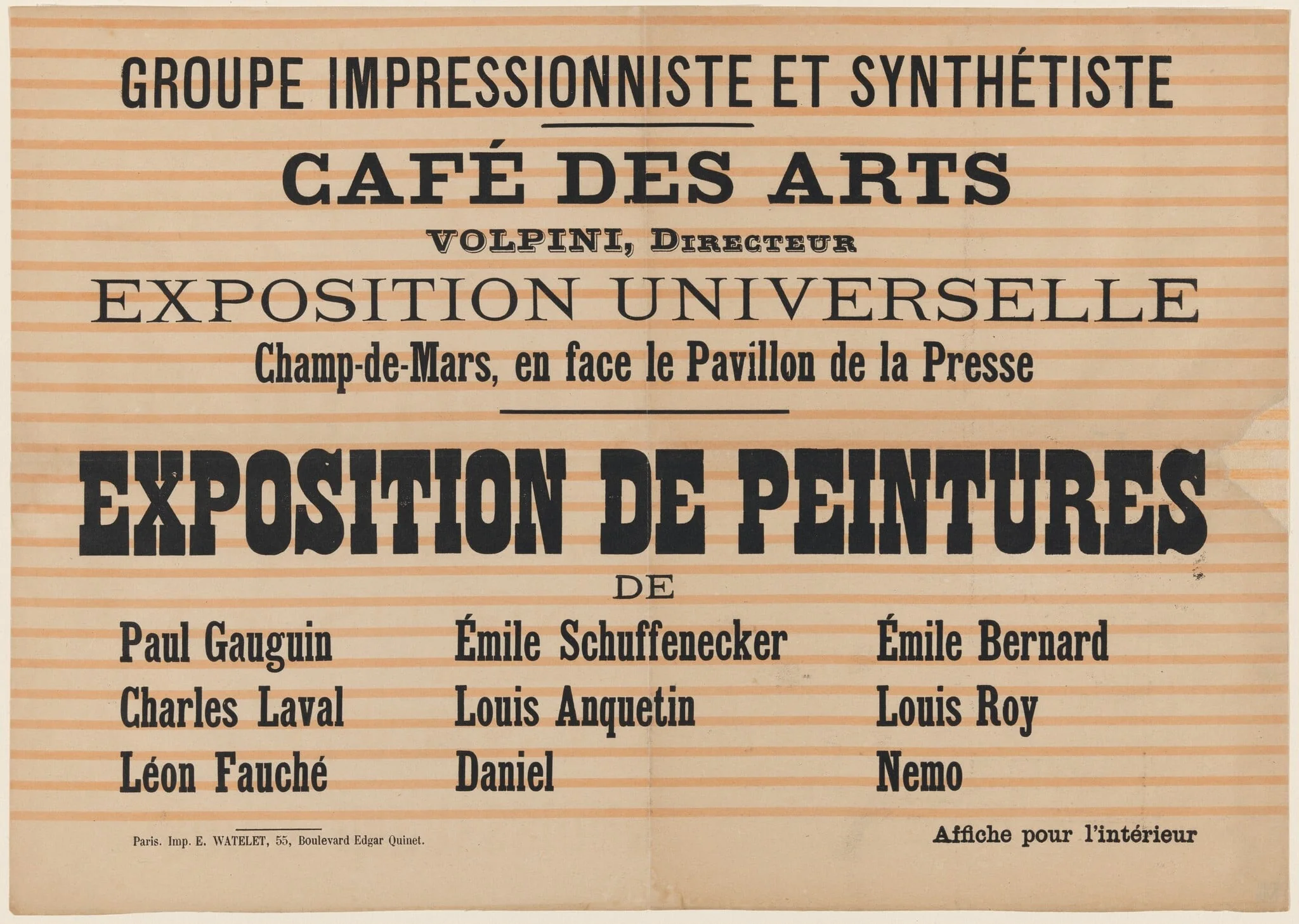 Poster for "L'Exposition de Peintures du Groupe Impressionniste et Synthétiste" at Café des Arts, by French 19th Century, 1889