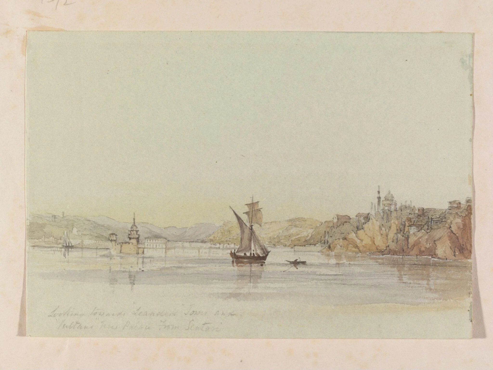Looking towards Leanders Tower and the Sultans New Palace [Dolmabahçe] From Scutari, by Michael Anthony Shrapnel Biddulph, watercolor, 1855
