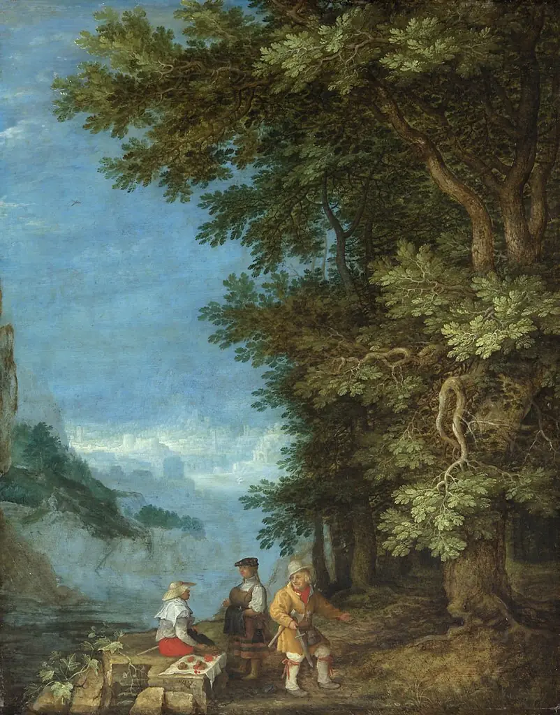 Gebirgslandschaft mit Obstverkäufern