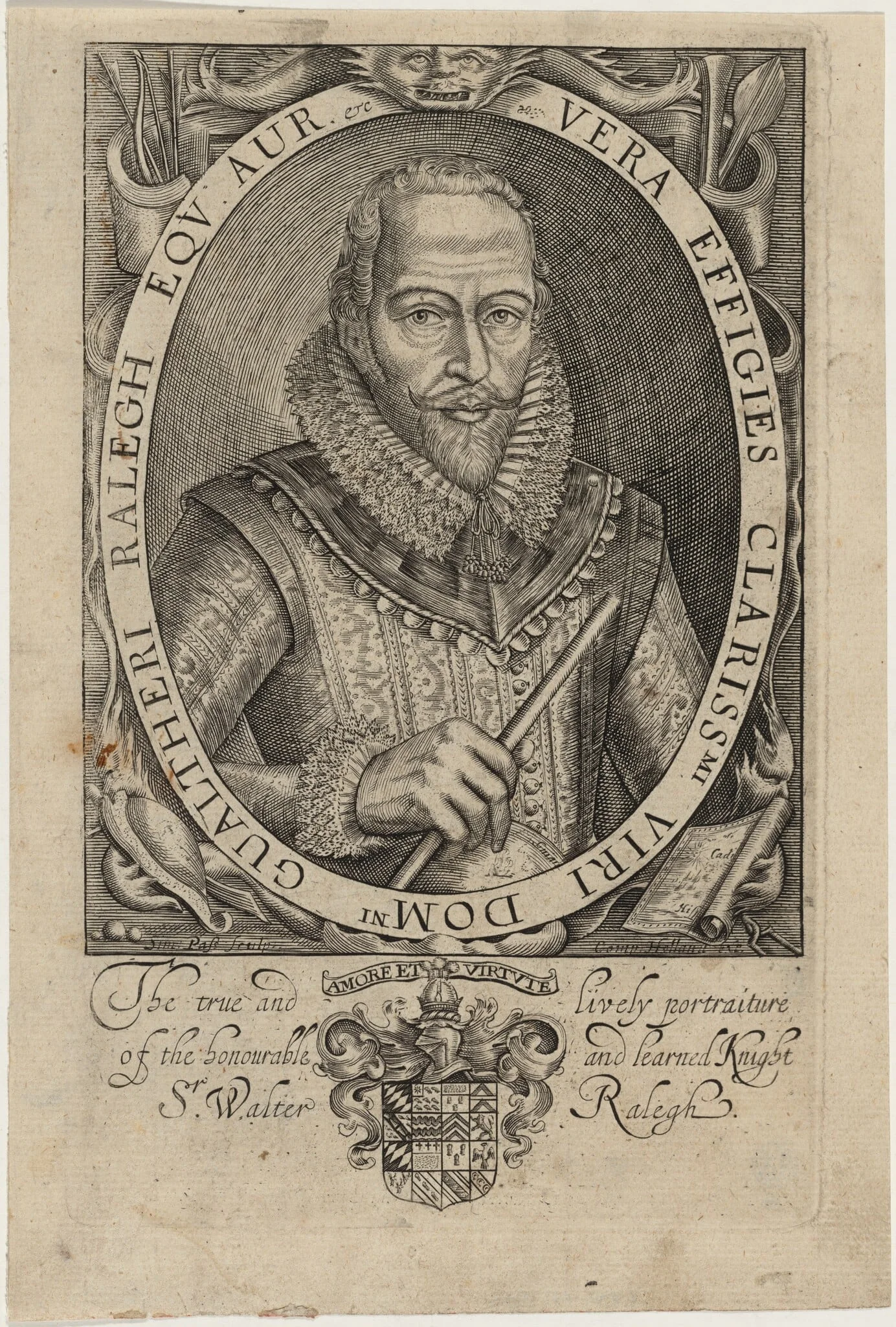 Sir Walter Raleigh, by Simon van de Passe, ink, 1621