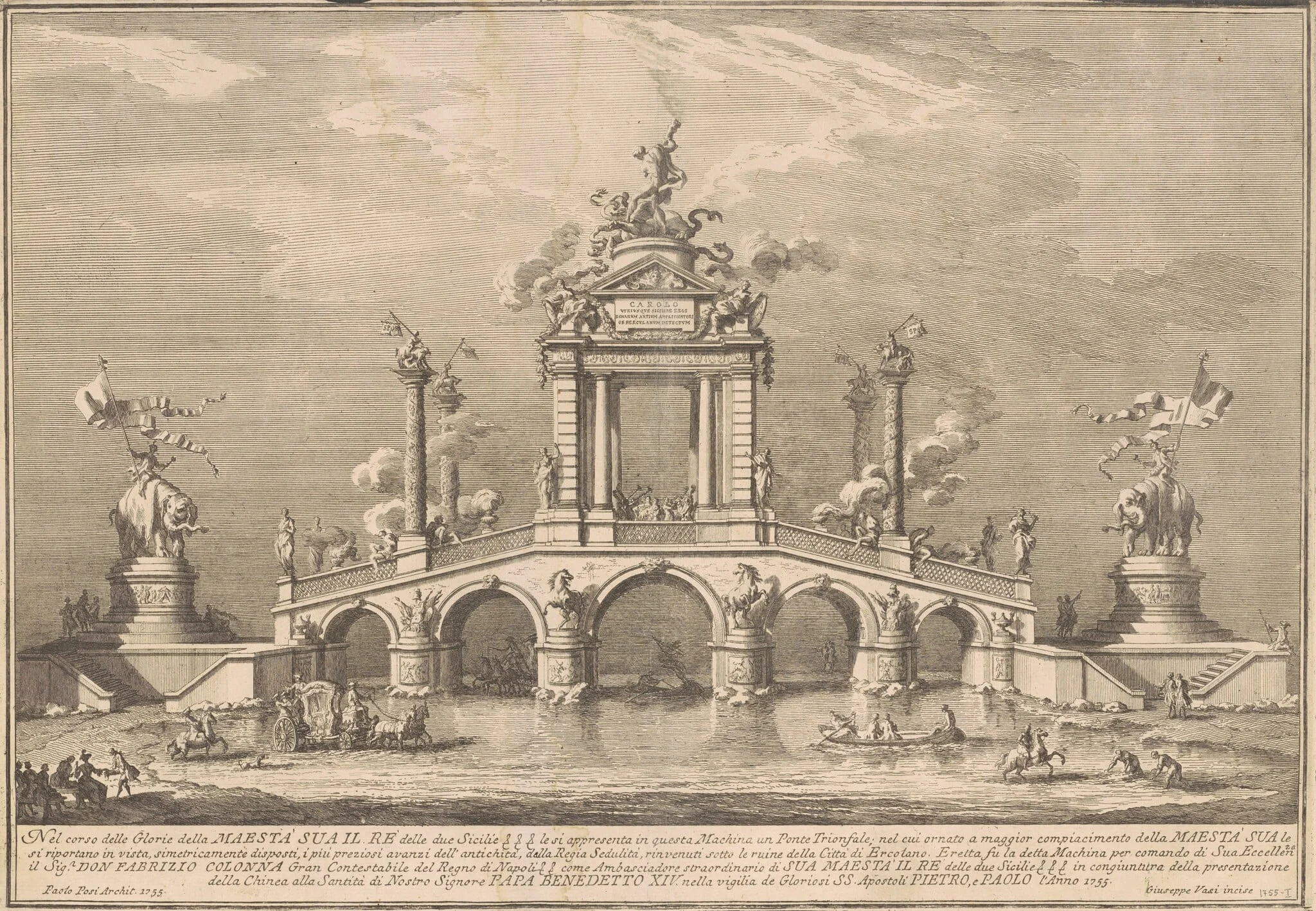 The Prima Macchina for the Chinea of 1755: A Triumphal Bridge with Antiquities from Herculaneum, by Giuseppe Vasi, ink, 1755