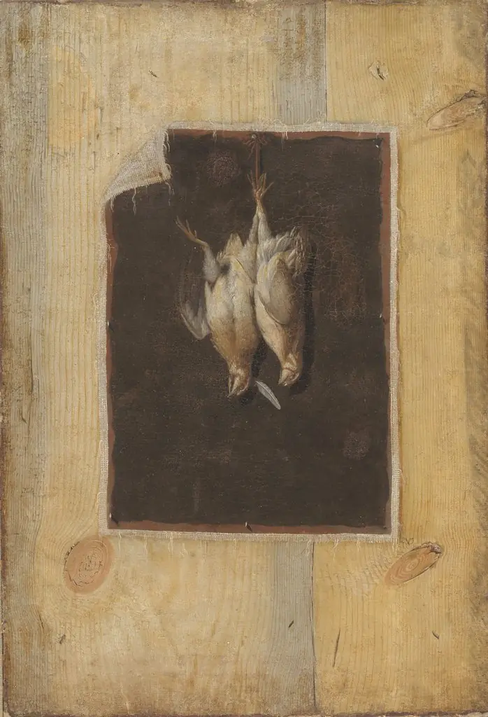 Trompe l'Oeil. Board Partition with a Still Life of Two Dead Birds Hanging on a Wall