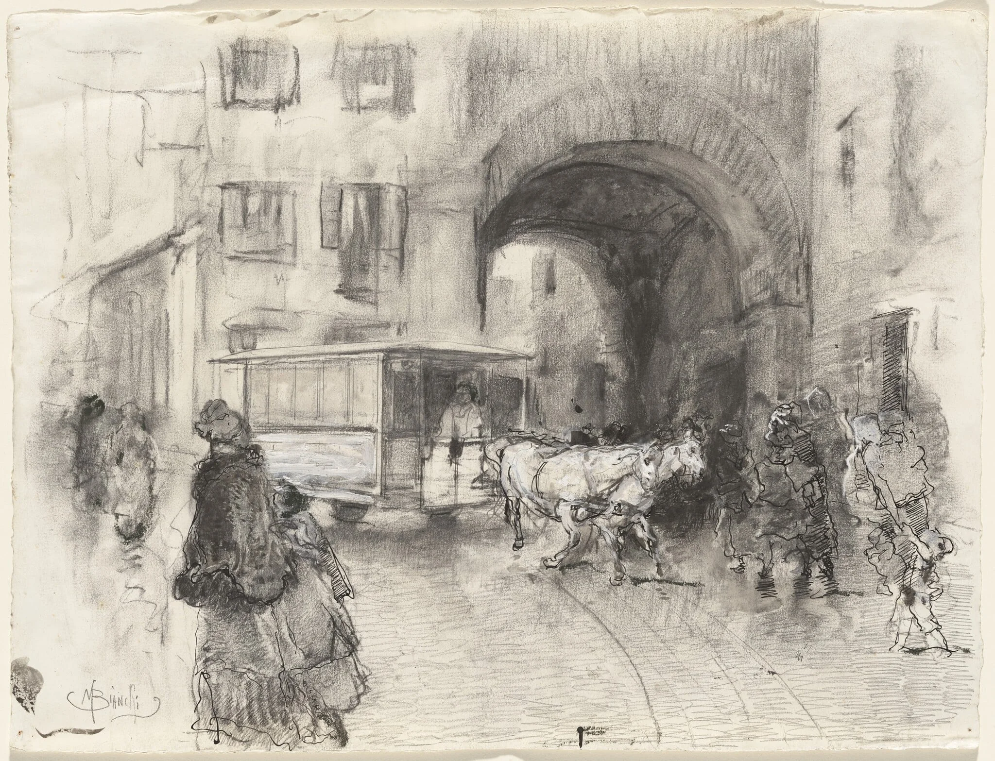 Pusterla dei Fabbri, Milan, by Mosè Bianchi, gouache, 1888