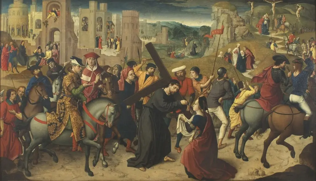 Christ Carrying the Cross, with the Entry of Christ into Jerusalem, Christ Driving the Moneychangers from the Temple, the Last Supper, Christ Crowned with Thorns, the Flagellation, Ecce Homo, the Agony in the Garden, and the Crucifixion