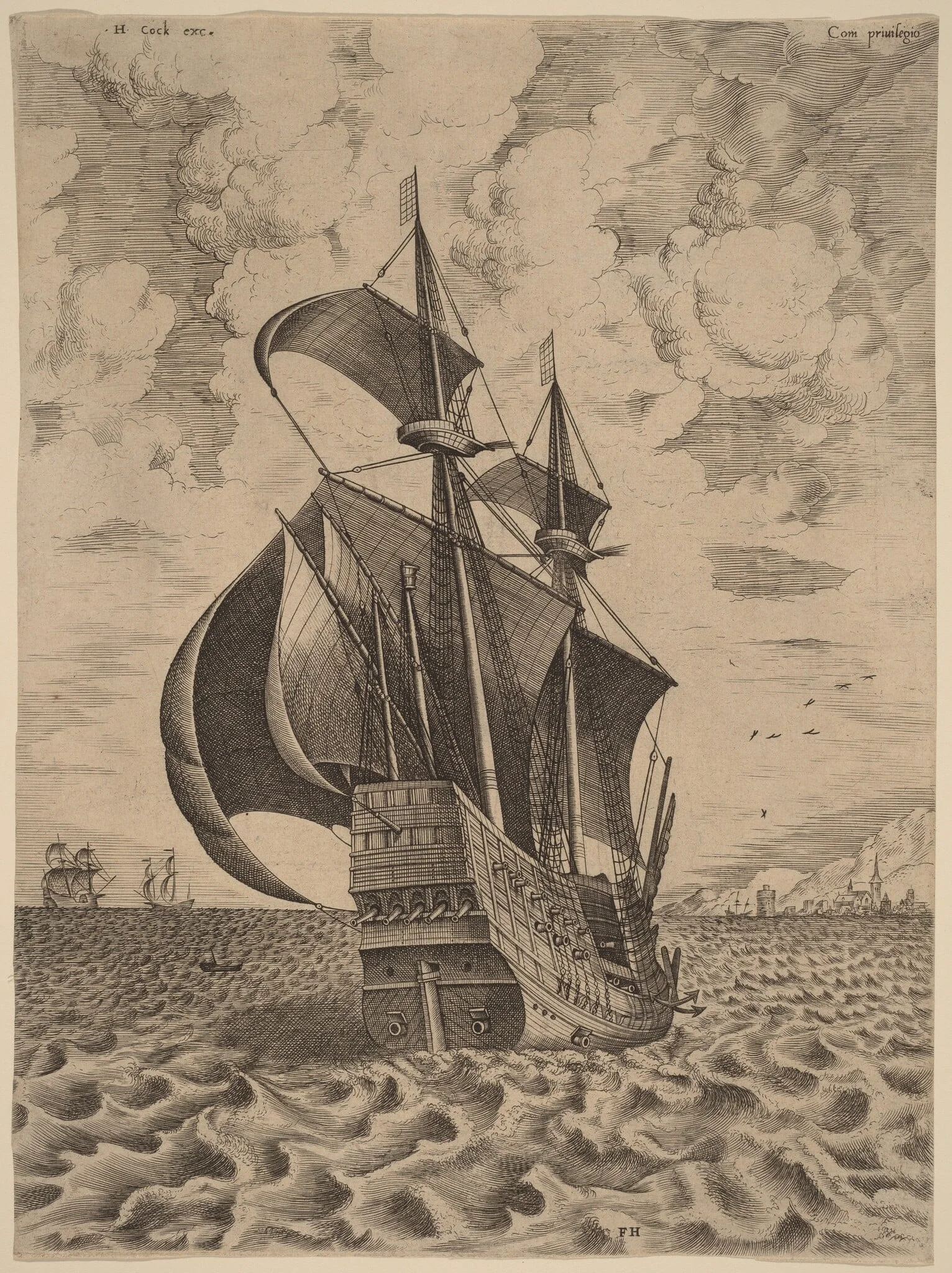 Armed Four-Master Sailing towards a Port, by Frans Huys, ink, 1565