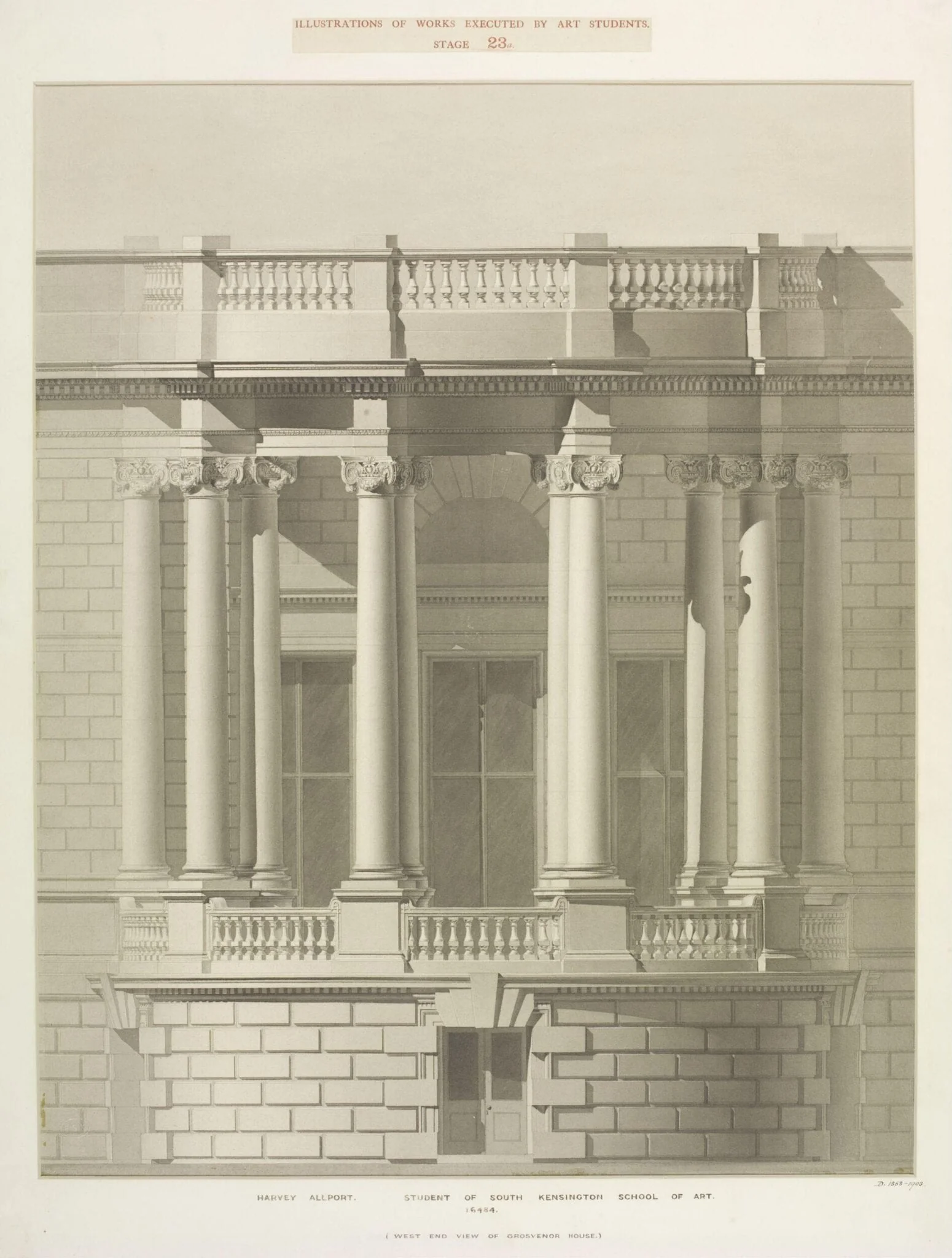 Elevation of the west side of Grosvenor House, by Harvey Allport, 1885
