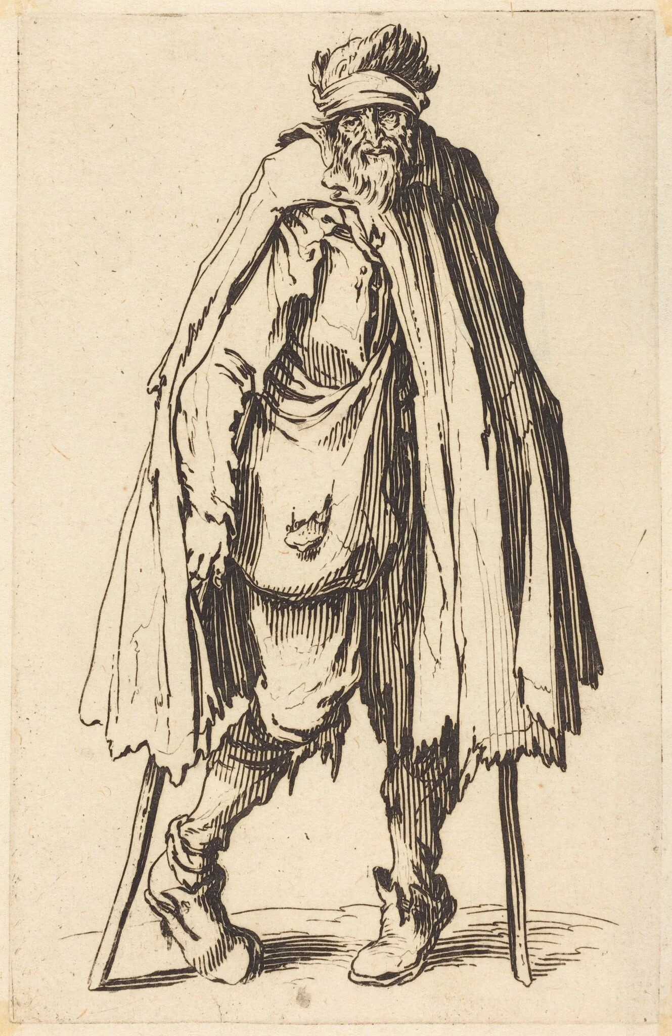 Beggar with Crutches and Sack, by Jacques Callot, ink, 1622
