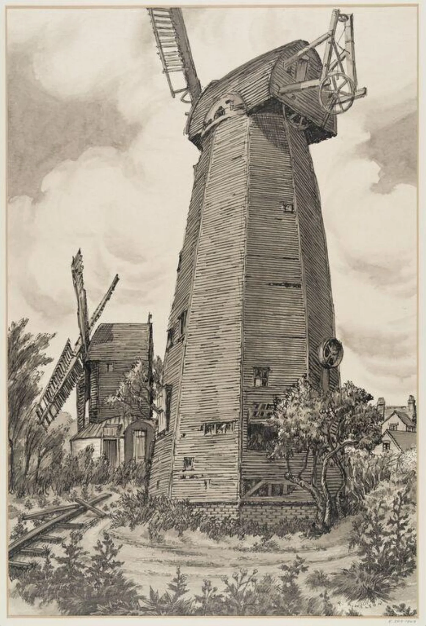 Mills at Outwood, Surrey, by Robert Arthur Wilson, 1945