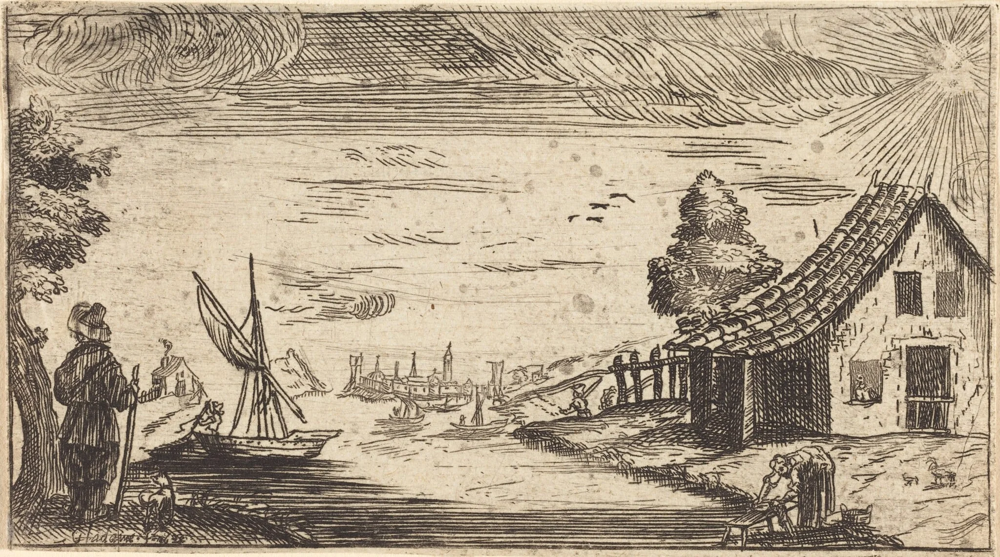 Landscape with Figure and Boat, by French 17th Century, ink, 1650